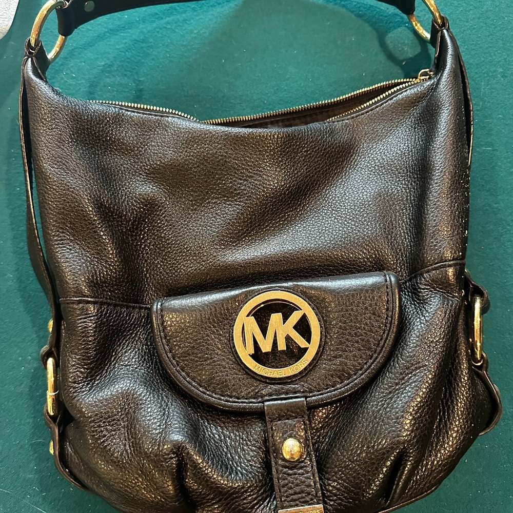 Michael Kors Black Leather Hobo Bag with Gold Accents